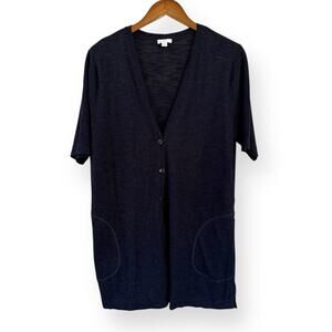 J Jill Navy Blue Cardigan Tunic Womens Medium Linen Blend Short Sleeve Pockets